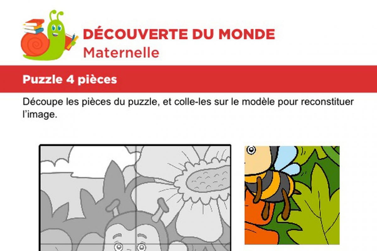 Puzzle 4 Pièces Une Petite Abeille à Découpage Collage Maternelle À Imprimer