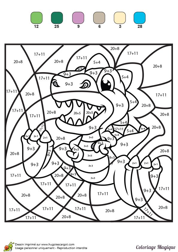 Coloriage Magique Additions Tyranosaure Rex | Matematicas destiné Telecharger Coloriage Par Numero