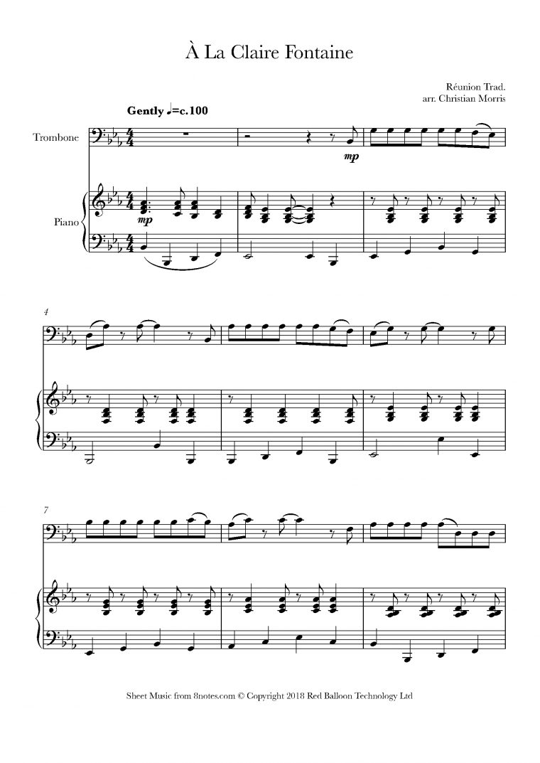 ﻿À La Claire Fontaine Sheet Music For Trombone – 8Notes avec A La Claire Fontaine