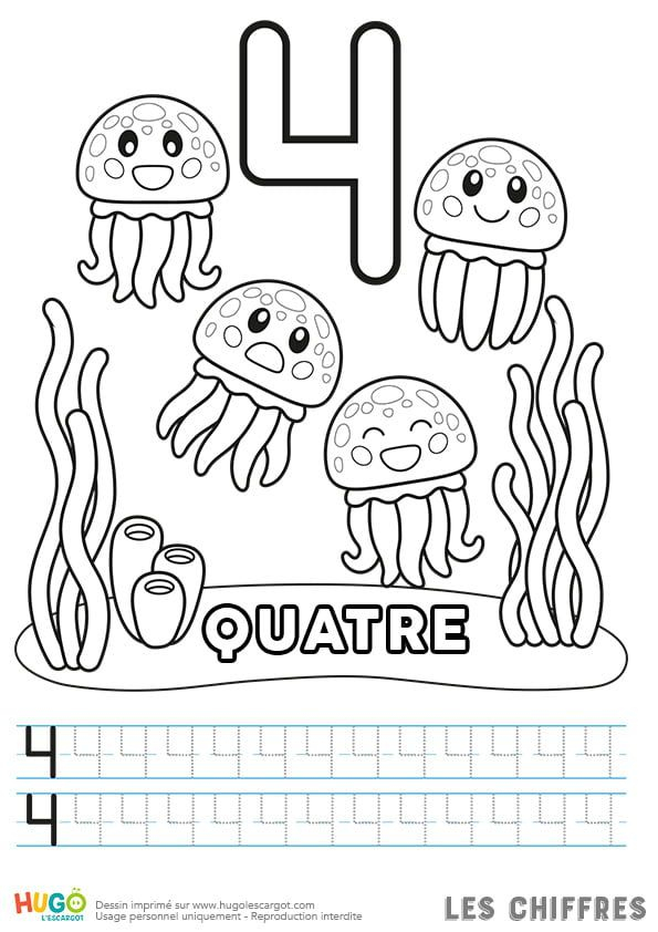 Coloriage Et Illustration Du Chiffre 4, Les Méduses destiné Coloriage Chiffres Rigolos