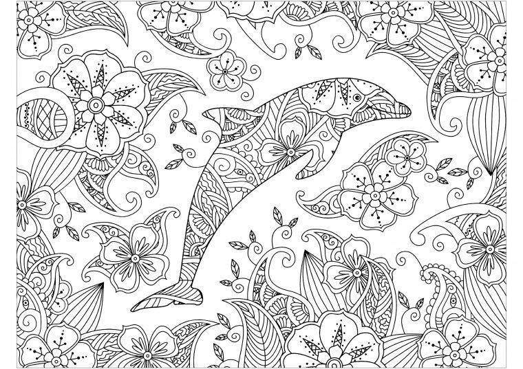 Dauphin Entouré De Jolies Fleurs – Dauphins – Coloriages pour Coloriage Animaux Pdf