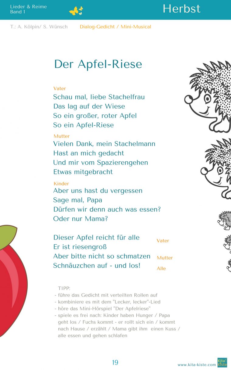 Der Apfelriese – Igel-Gedicht Kindergarten | Gedichte Für concernant Fingerspiel Igel Kindergarten