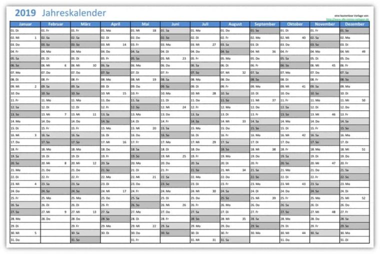 Einfacher Jahreskalender 2019 | Alle-Meine-Vorlagen.de avec Jahreskalender Zum Eintragen