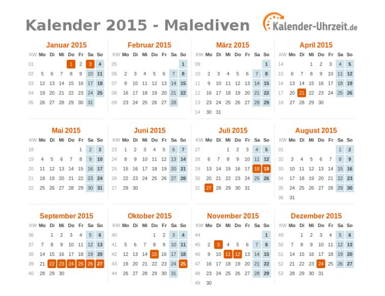 Feiertage 2015 Malediven – Kalender & Übersicht destiné Kalender 2015 Zum Ausdrucken