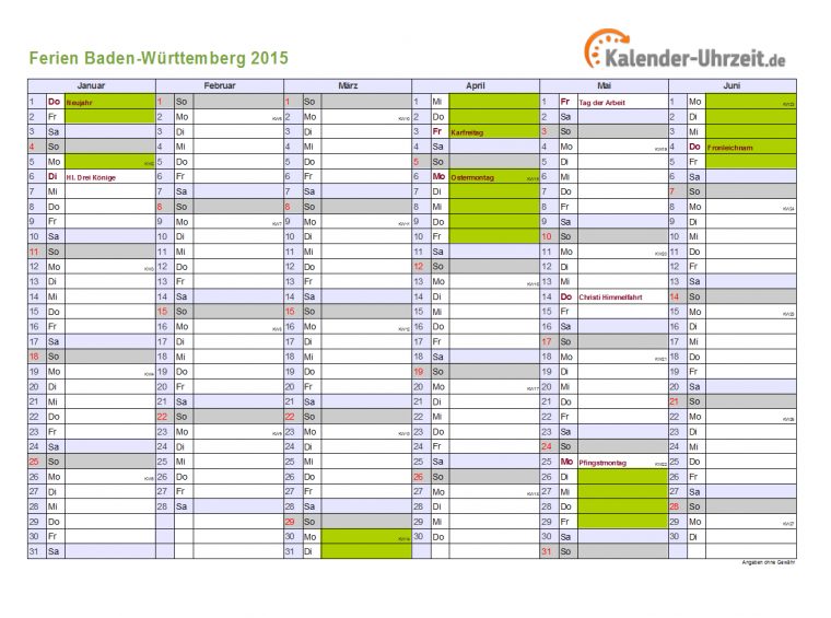 Ferien Baden-Württemberg 2015 – Ferienkalender Zum Ausdrucken destiné Kalender 2015 Zum Ausdrucken