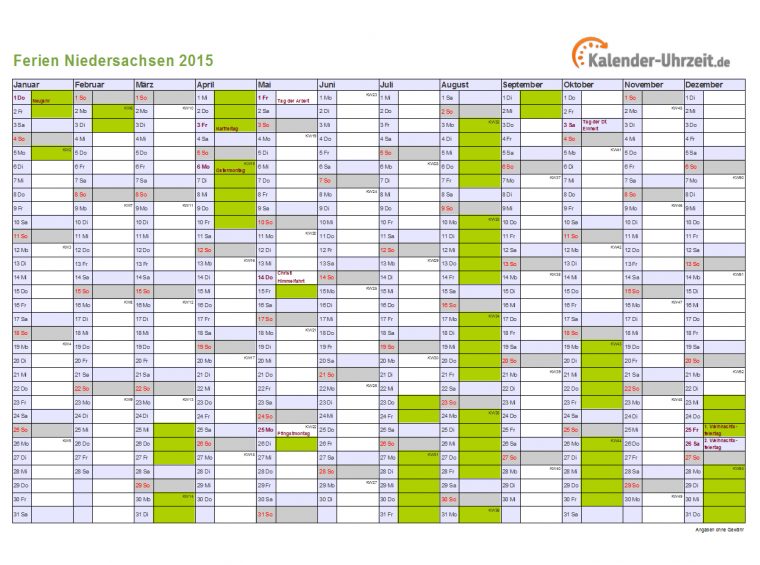 Ferien Niedersachsen 2015 – Ferienkalender Zum Ausdrucken destiné Kalender 2015 Zum Ausdrucken