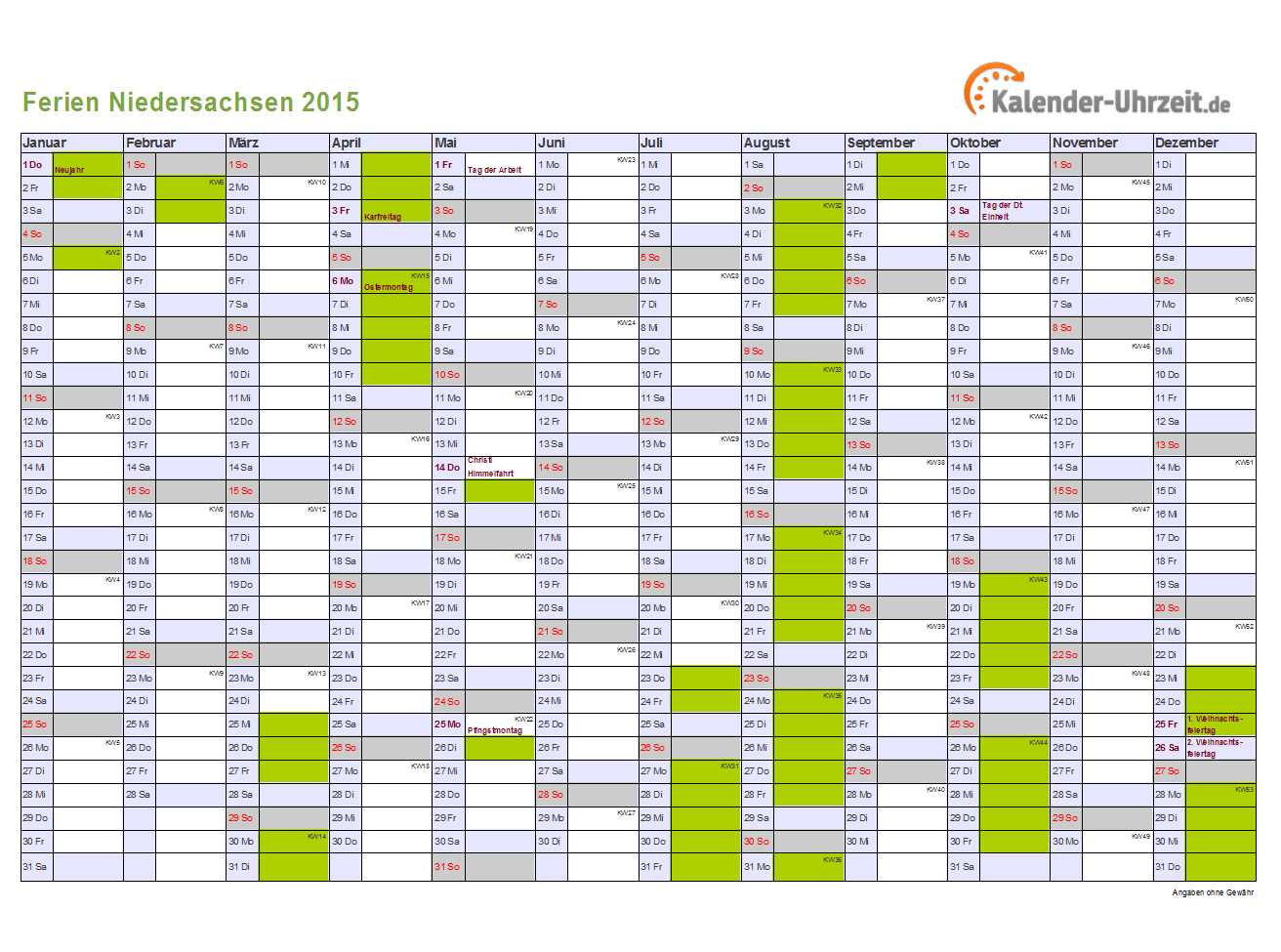 Ferien Niedersachsen 2015 - Ferienkalender Zum Ausdrucken destiné Kalender 2015 Zum Ausdrucken