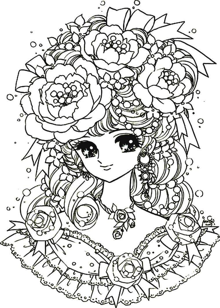 Fille Manga Fleurs – Mangas / Animés – Coloriages pour Coloriages Manga