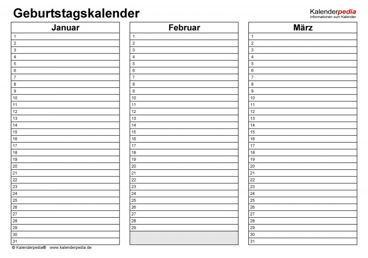 Geburtstagskalender In Pdf Zum Ausdrucken (10 Varianten) dedans Geburtstagskalender Download Kostenlos