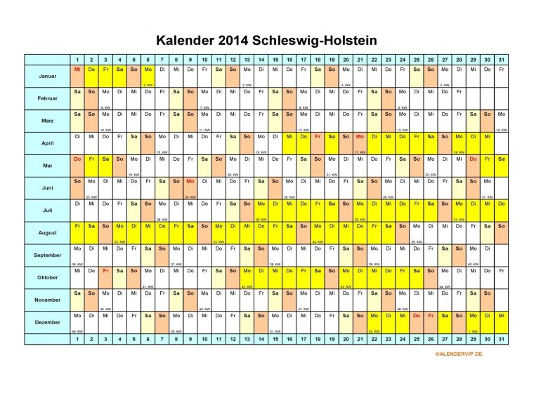 Kalender 2014 Schleswig-Holstein – Kalendervip concernant Jahreskalender Zum Eintragen