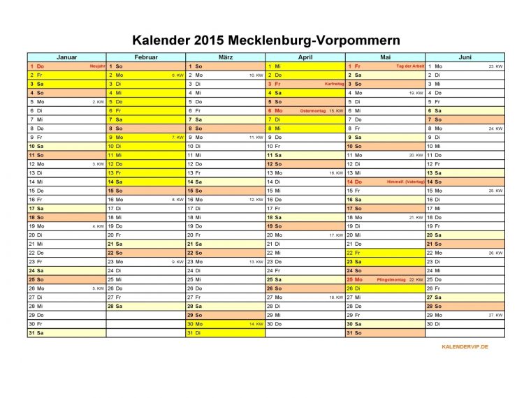 Kalender 2015 Mecklenburg-Vorpommern – Kalendervip serapportantà Kalender 2015 Zum Ausdrucken