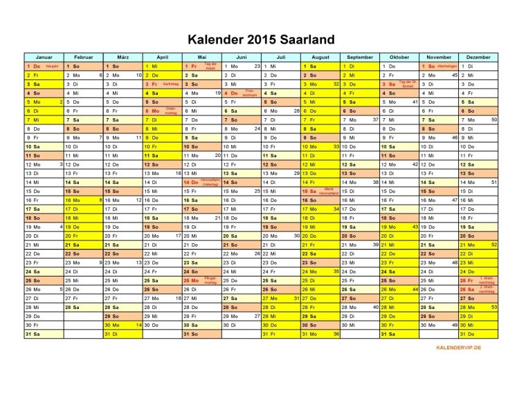 Kalender 2015 Saarland – Kalendervip tout Kalender 2015 Zum Ausdrucken