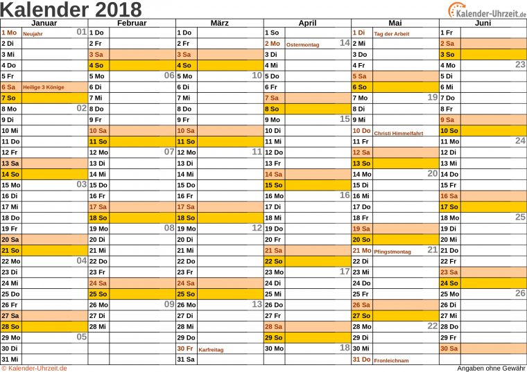 Kalender 2018 Zum Ausdrucken – Kostenlos destiné Jahreskalender Zum Eintragen