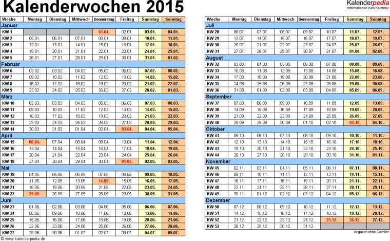 Kalenderwochen 2015 Mit Vorlagen Für Excel, Word & Pdf encequiconcerne Kalender 2015 Zum Ausdrucken