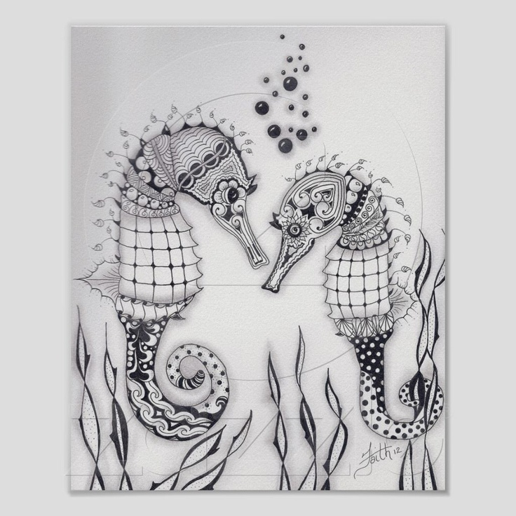 Poster Hippocampes Normaux | Zazzle.fr | Zentangle Art avec Hippocampe Stylisé