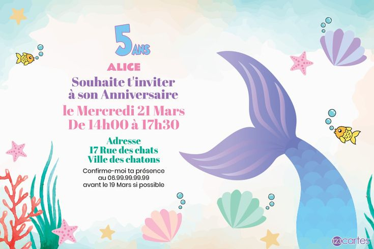 Sirène De Mer – Carte Invitation Anniversaire Fille avec Invitation Anniversaire Fille Gratuite À Imprimer