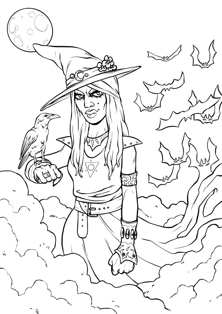 Sorcière D'Halloween Et Son Corbeau Version Simple destiné Coloriage Corbeau