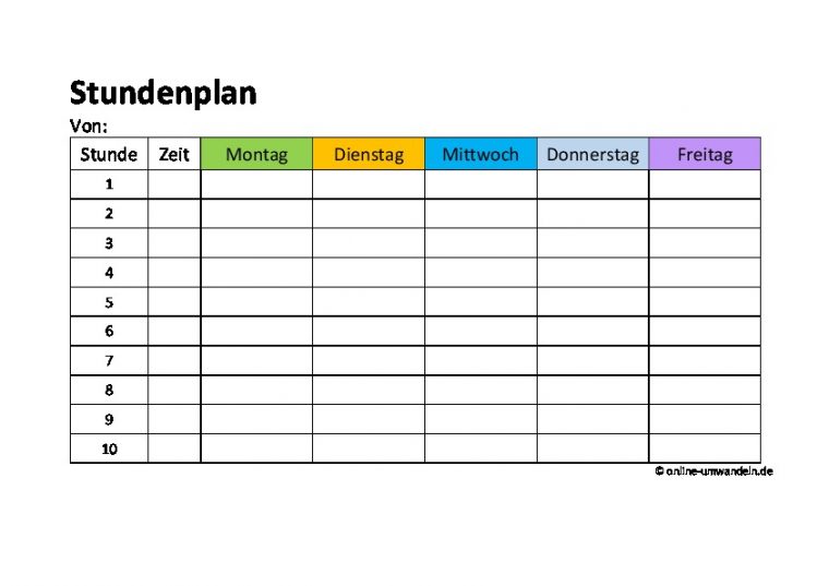 Stundenplan Vorlagen Doc Und Pdf – Online-Umwandeln.de dedans Online Kalender Zum Eintragen