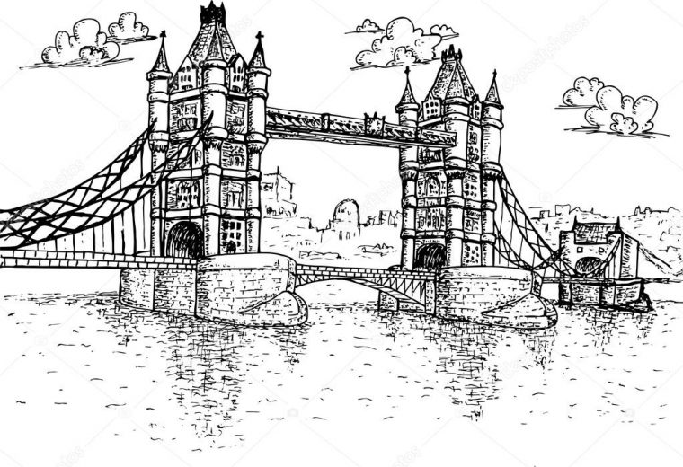 Tower Bridge In Londen Hand Getrokken — Stockvector serapportantà Coloriage Tower Bridge