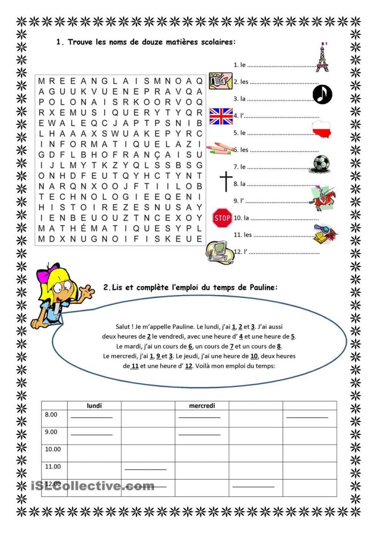 L'Emploi Du Temps De Pauline | Matières Scolaires, Emploi tout Emploi Du Temps Scolaire