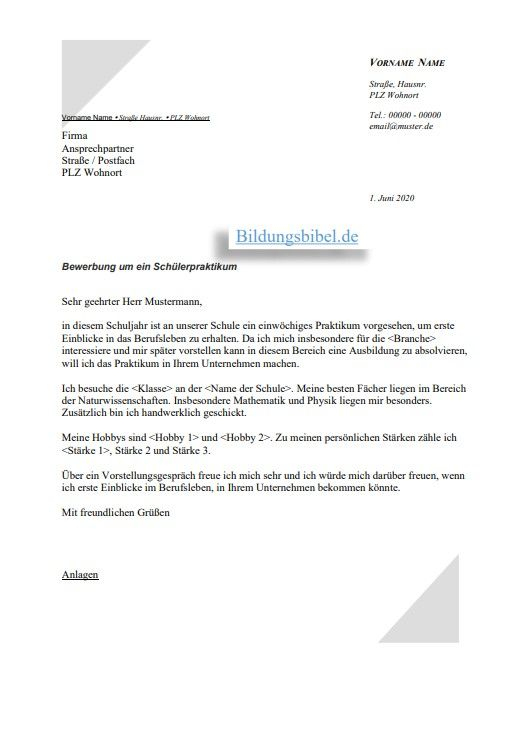 Bewerbung Praktikum Schüler, Schülerpraktikum, Anschreiben concernant Bewerbung Praktikum Erzieher Vorlage