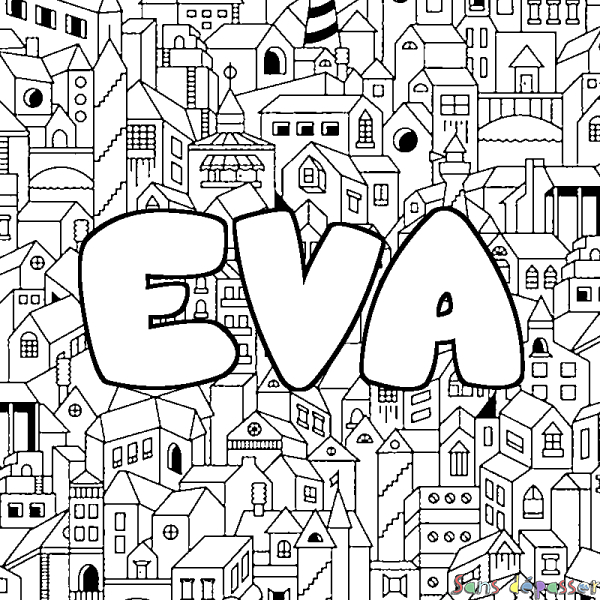 Coloriage Prénom Eva – Décor Ville – Sans Dépasser à Coloriage Gratuit Eva Queen