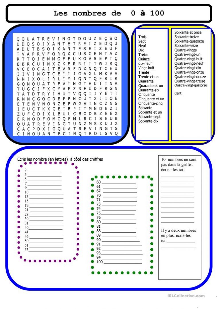 Les Nombres De 0 À 100 Fiche D'Exercices – Fiches destiné Nombre De 1  1000 En Espagnol Pdf