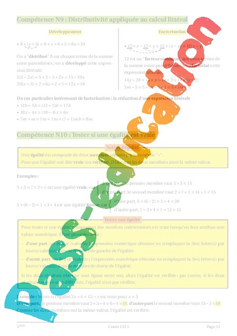 Calcul Littéral Et Distributivité – Cours – Exercices – Mathématiques dedans Fiche Pacdagogique 1Ere Annee Secondaire Math