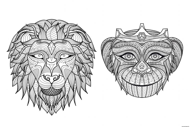 Coloriage Adulte Tetes Singe Lion Dessin Adulte Animaux À Imprimer encequiconcerne Coloriage Mandala Lion