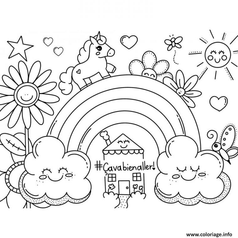 Coloriage Ca Va Bien Aller Arc En Ciel Licorne Nuages Fleurs Soleil pour Arc En Ciel Coloriage En Ligne