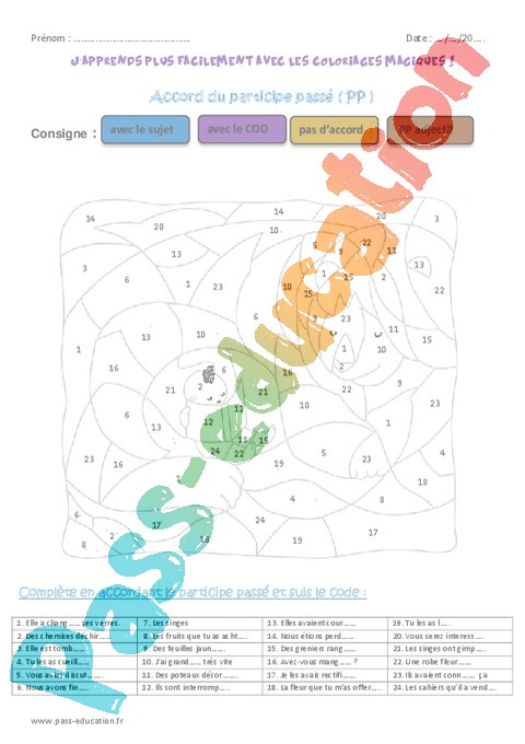 Coloriage Magique Accord Du Participe Passé : Cm2 – Cycle 3 à Coloriage Magique Passé Composé