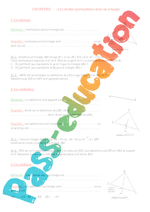 Droites Remarquables – 4Ème – Géométrie – Exercices – Contrôle pour Fiche Pacdagogique 1Ere Annee Secondaire Math