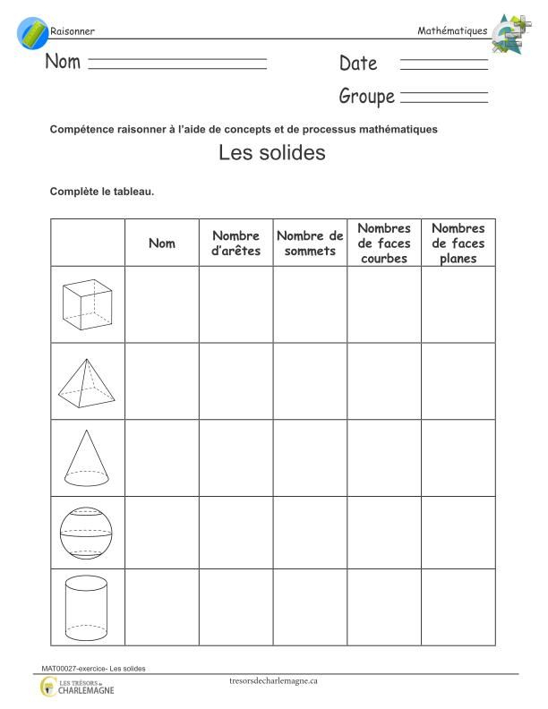 Exercice- Les Solides – Trésors De Charlemagne | Education Math tout Fiche Pacdagogique 1Ere Annee Secondaire Math