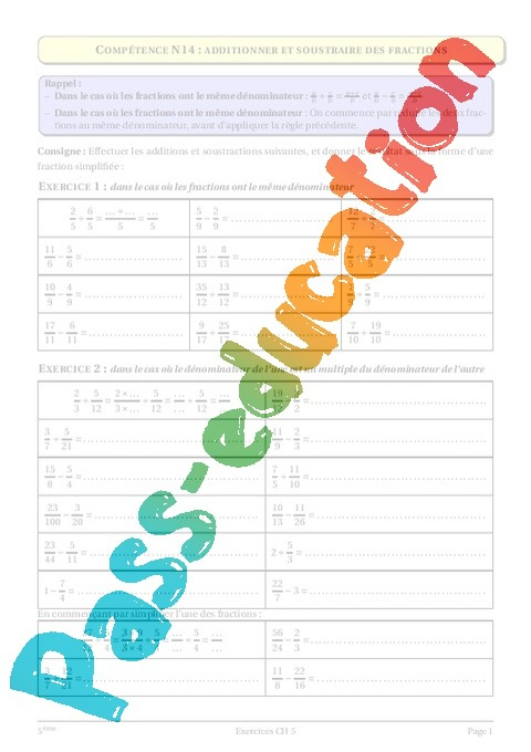 Fractions – Cours – Exercices – Mathématiques : 1Ere Secondaire – Pass serapportantà Fiche Pacdagogique 1Ere Annee Secondaire Math