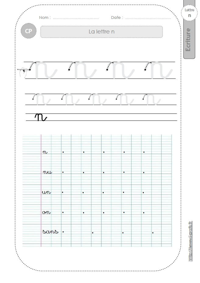 La Lettre N Minuscule Au Cp:fiches D'Ecriture. Modèles D'Écriture Cursive dedans Temps En T Majuscule