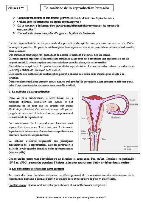 Maîtrise De La Reproduction Humaine – 4Ème – Cours – Svt – Pass Education serapportantà Fiche Sciences Remacdiatiion Pdf