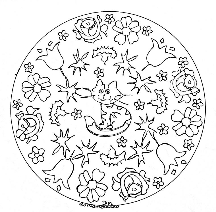 Mandala Facile Petit Chat Et Fleurs – Coloriage Mandalas – Coloriages tout Coloriage À Imprimer Mandala Kawaii