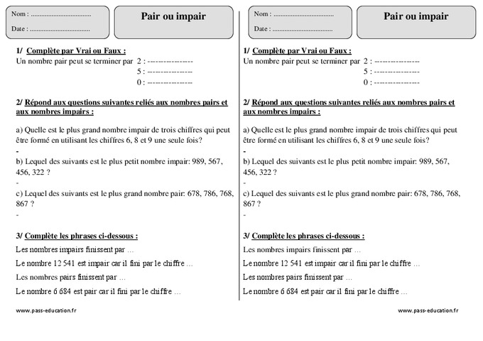 Pair Ou Impair – Ce1 – Exercices À Imprimer – Pass Education serapportantà Image De  Nombre Pair Et Impair A Imprimer