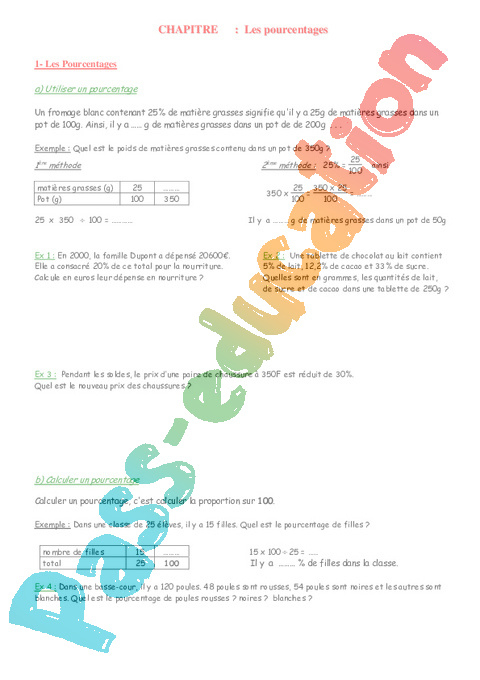 Pourcentage – Echelle – Organisation Et Gestion Des Données – Exercices intérieur Fiche Pacdagogique 1Ere Annee Secondaire Math