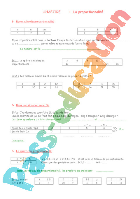 Proportionnalité – Organisation Et Gestion Des Données – Exercices pour Fiche Pacdagogique 1Ere Annee Secondaire Math