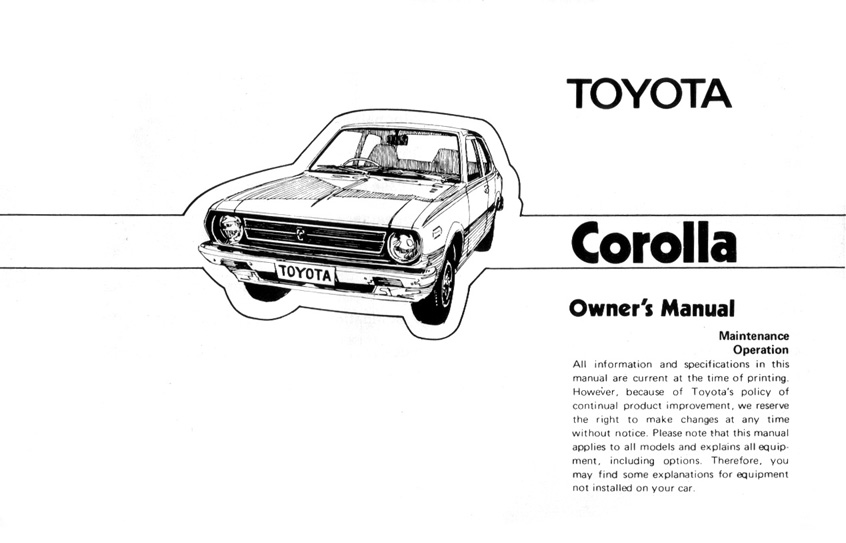 Toyota Corolla Owners Manual - 1978 (AU) - Page 00.1 (100dpi) - Retro JDM