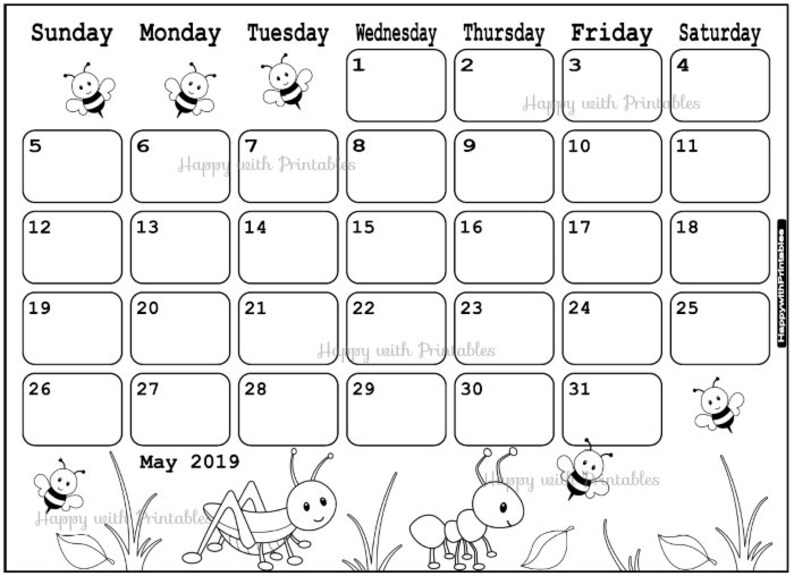 Calendar May 2019 Coloring page Planner Printable Bugs | Etsy