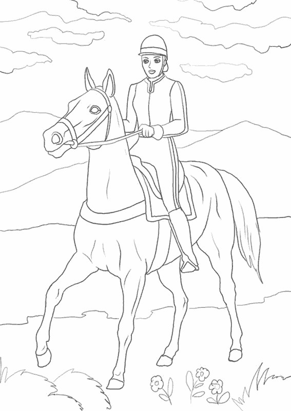 Coloriage Cavalière sur son cheval sous le ciel